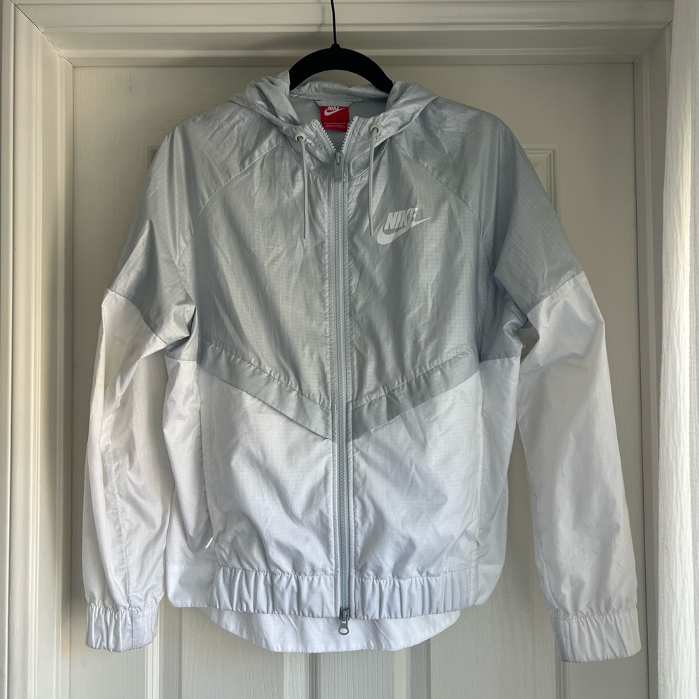 Nike Light Gray and White Hooded Windbreaker Jacket